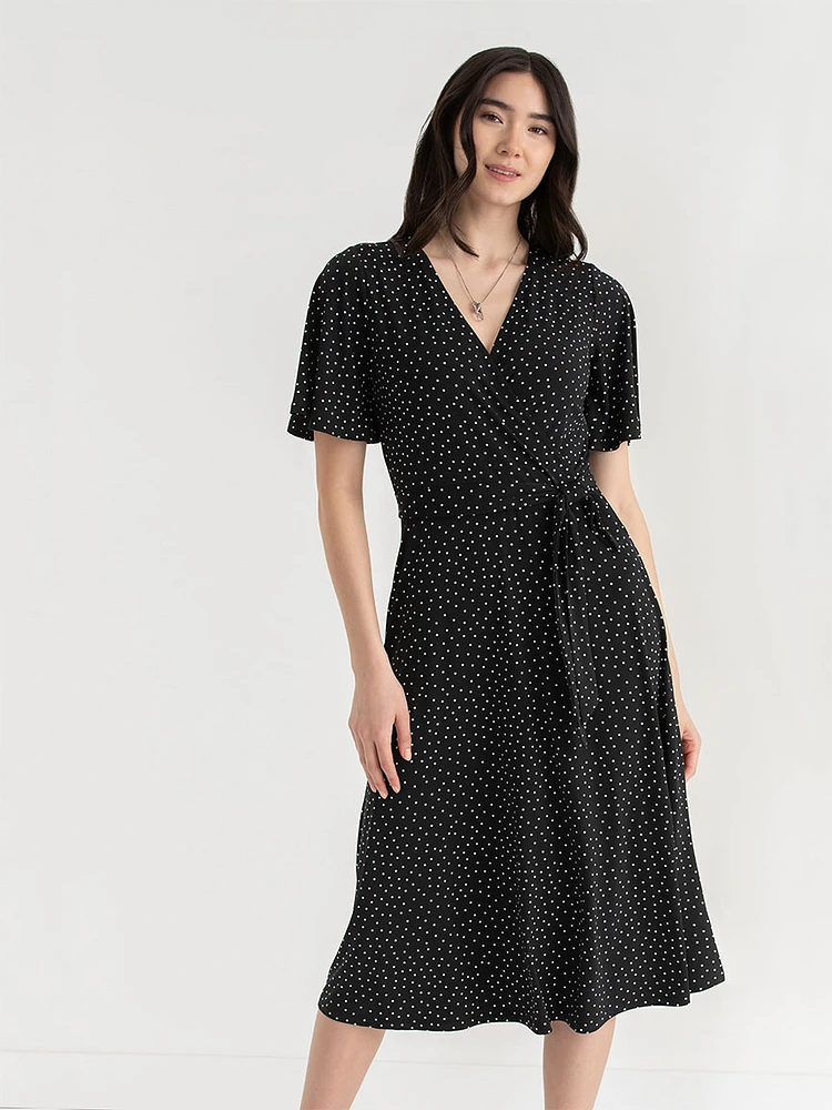 Short Sleeve Faux Wrap Midi Dress