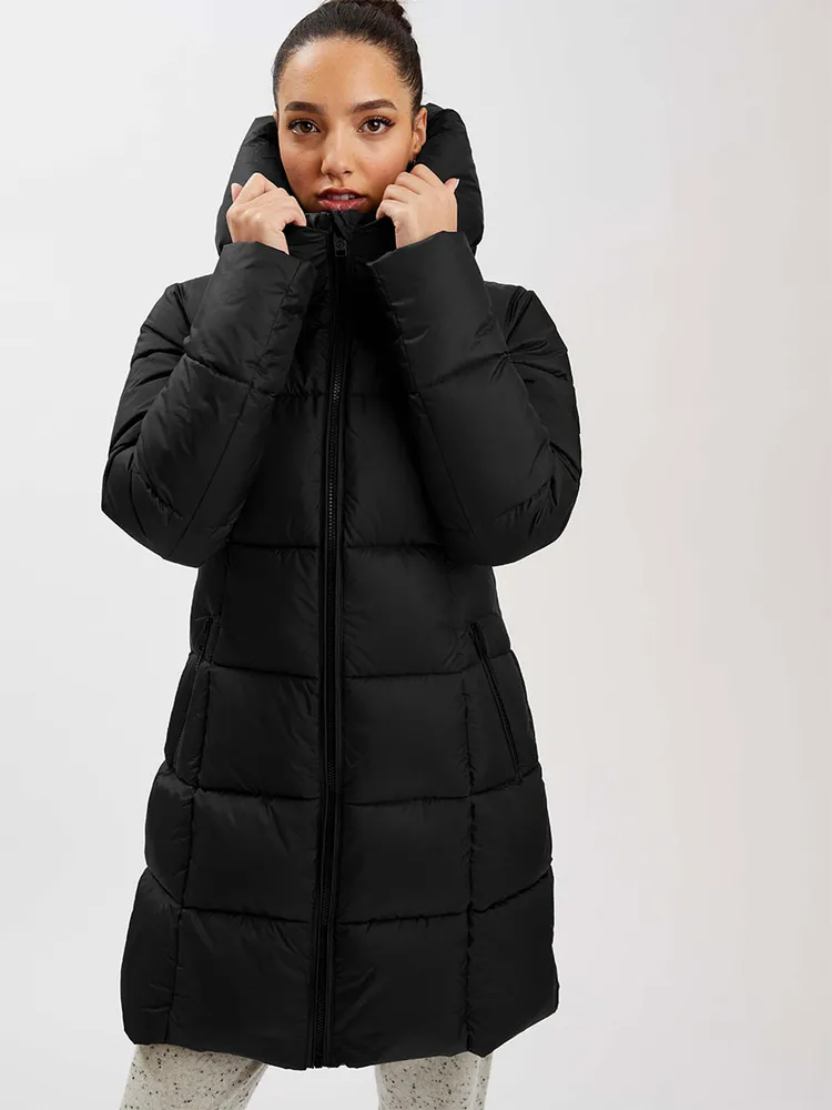 Long Zip-Front Hooded Puffer