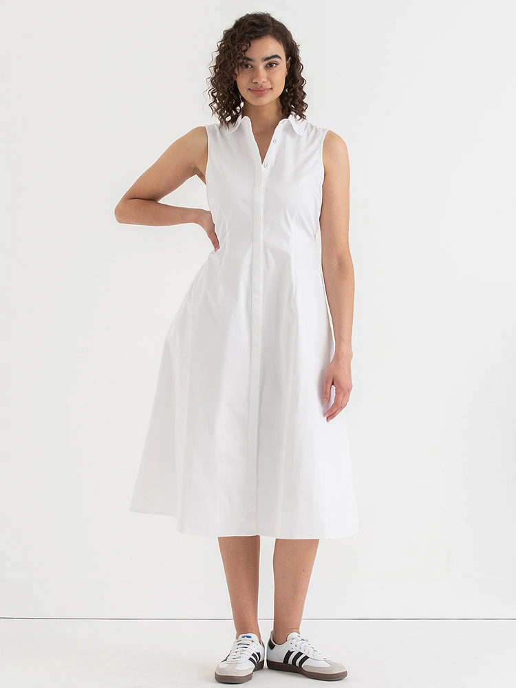 Sleeveless Midi Shirtdress with Back Cutout Luxe Poplin