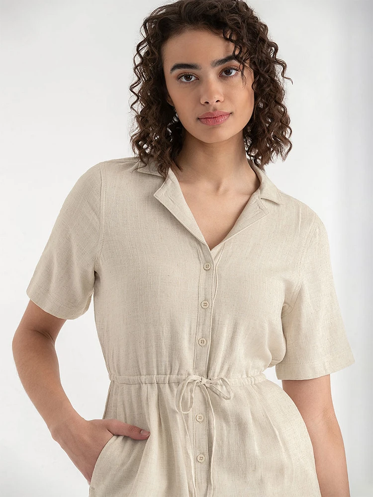 Collared Linen Romper with Drawstring Waist