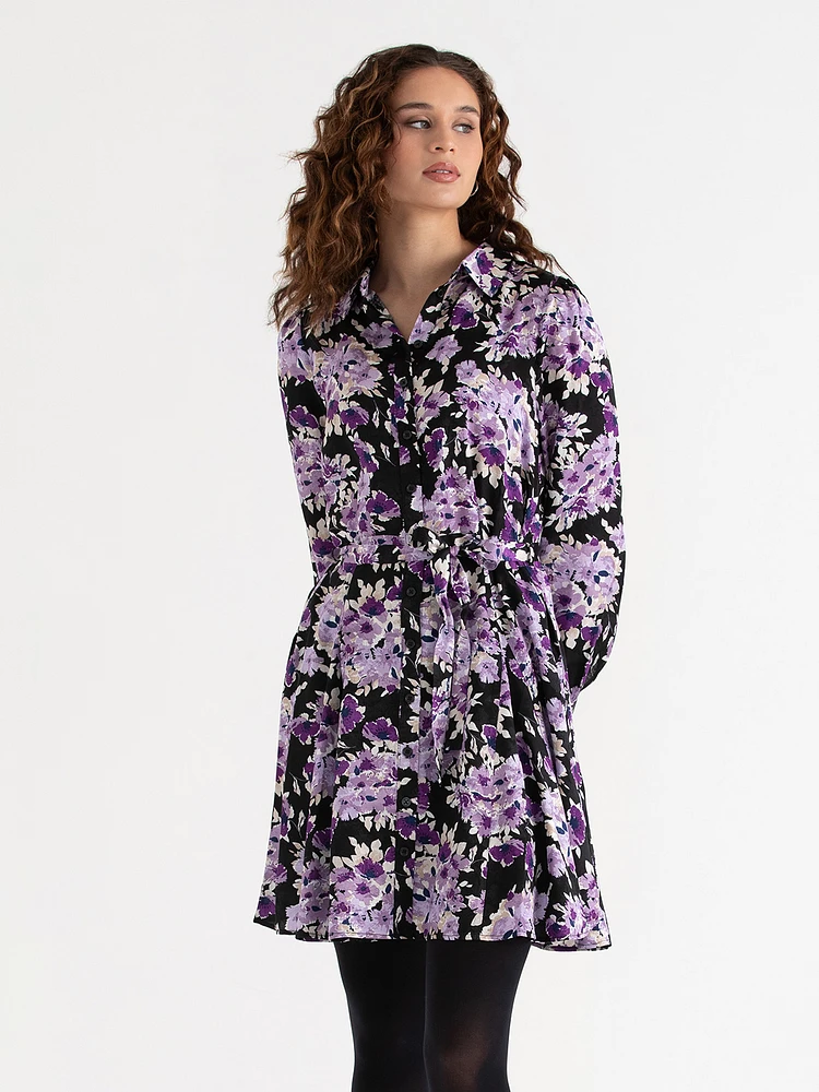 Collared Button-Front Dress with Tie Waist
