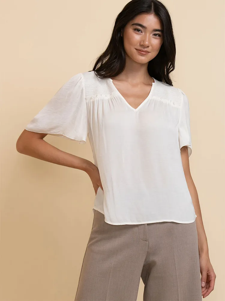 Short Sleeve V-Neck Blouse with Smocked Yoke