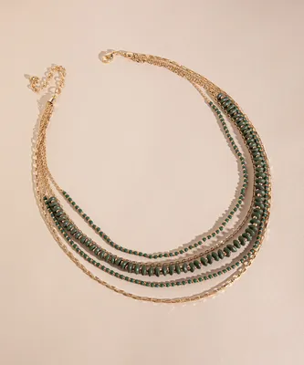 Layered Olive & Gold Beaded Necklace