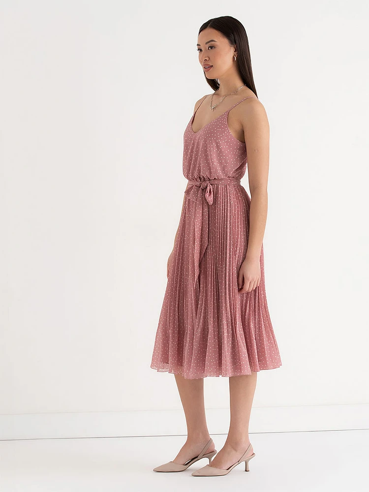 V-Neck Pleated Skirt Midi Dress