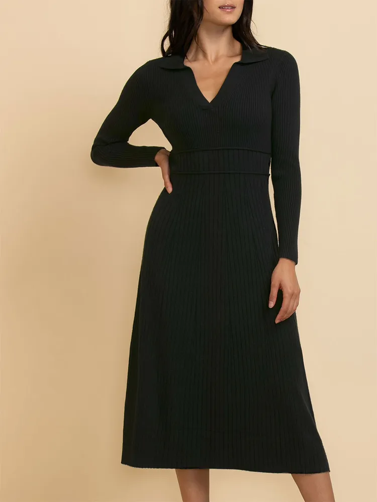 Polo Collar Ribbed Sweater Dress