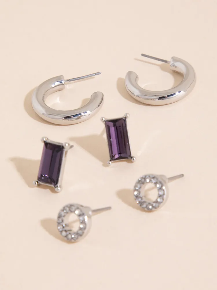 Silver Studded Pave Circle + Emerald Cut + Hoop Earring Trio