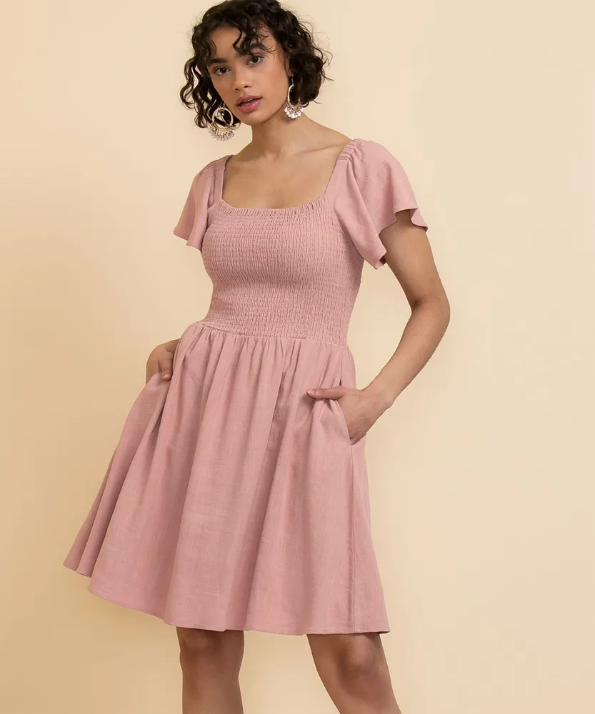 Square Neck Linen Smocked Bodice Dress