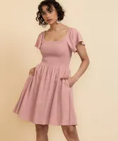 Square Neck Linen Smocked Bodice Dress