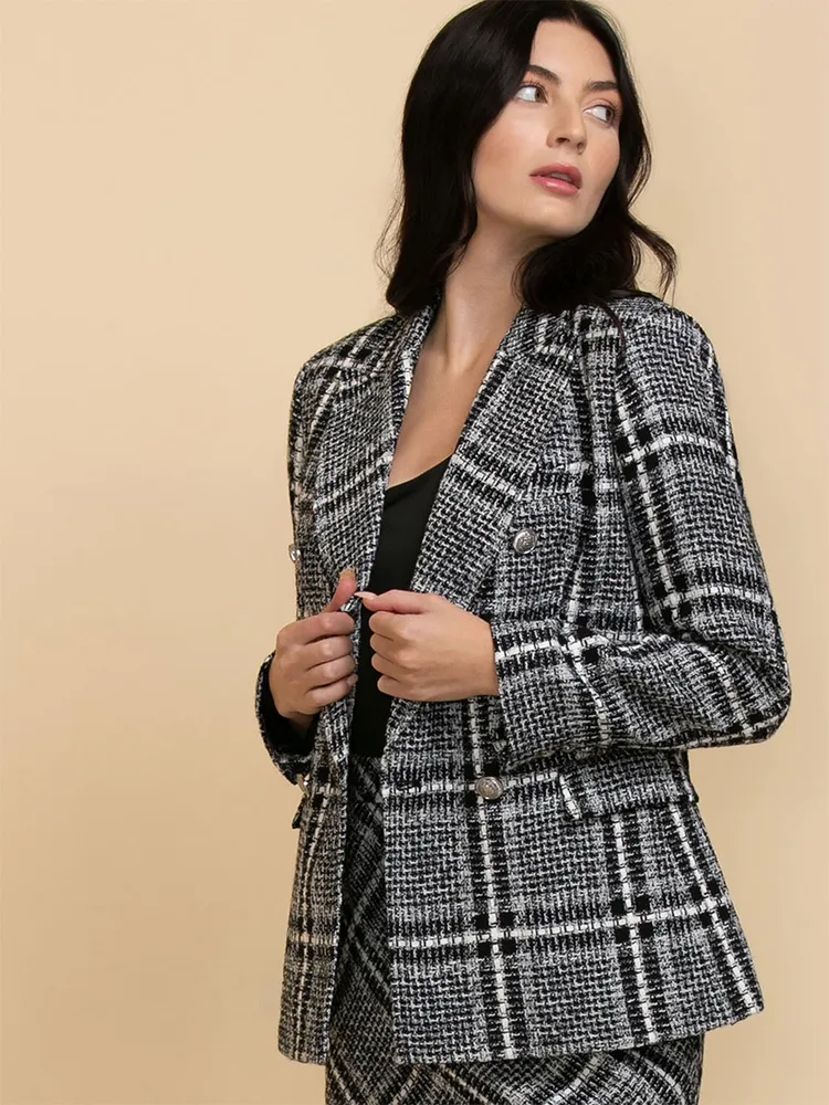 Double Breasted Trophy Blazer Plaid Boucle