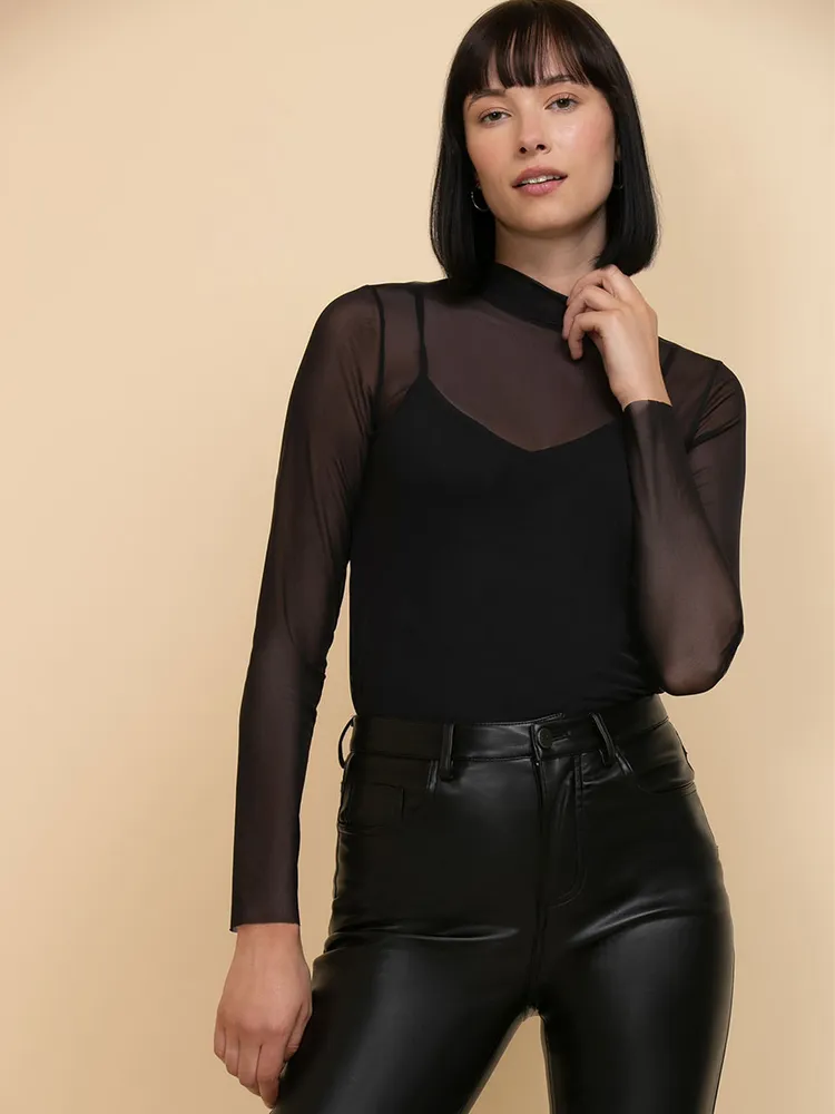 Mesh Mock Neck Long Sleeve Blouse