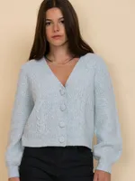 Wool-Blend Pointelle Puff-Sleeve Cardigan