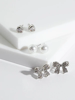 Heart, Pearl + Bow Stud Earrings Trio