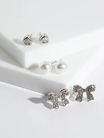 Heart, Pearl + Bow Stud Earrings Trio