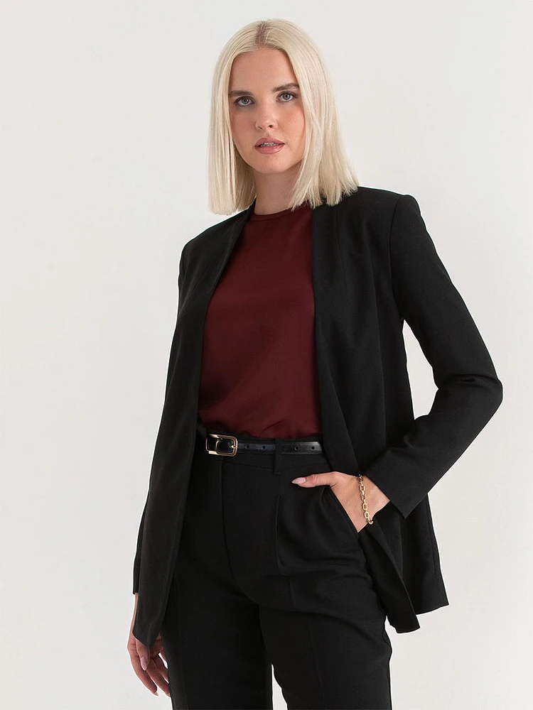 Collarless Open Front Blazer Crepe