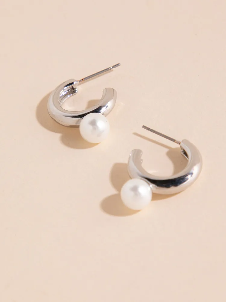 Chunky Mid-Size Silver Hoops with Pearl Earrings