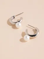 Chunky Mid-Size Silver Hoops with Pearl Earrings