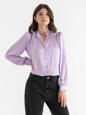 Satin Blouse with Sleeve Applique