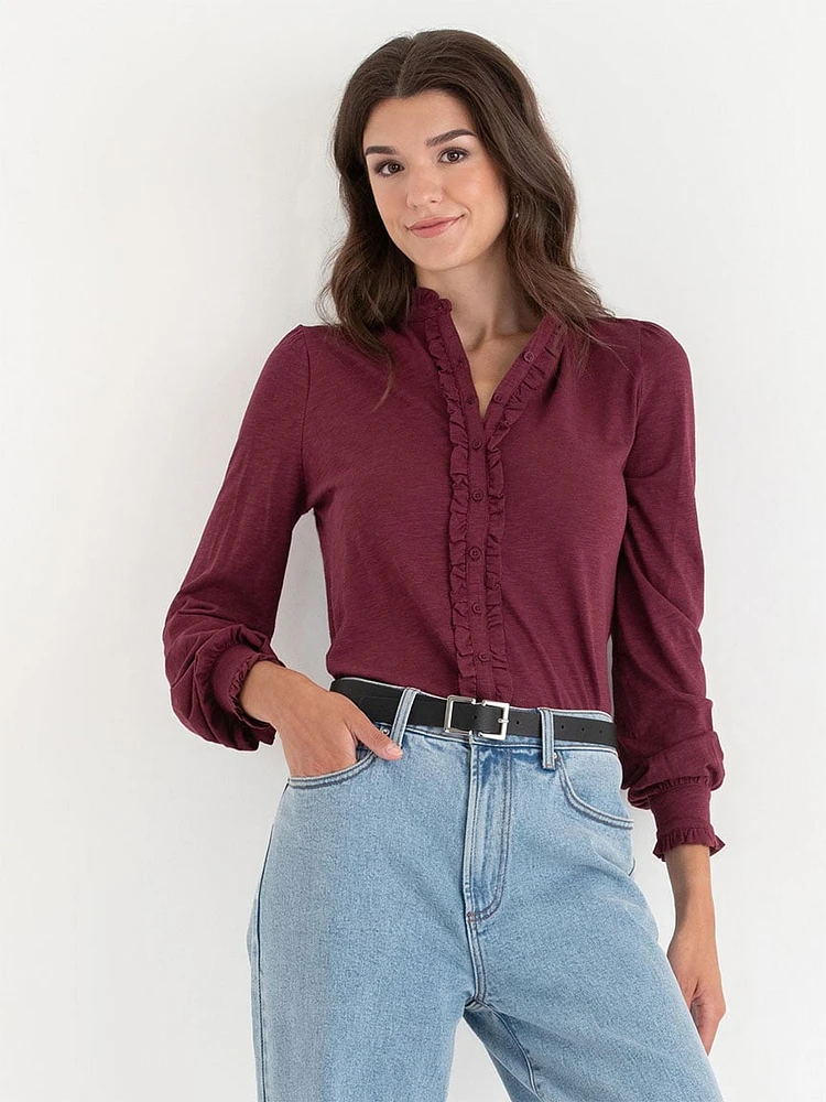 Ruffle Trim Button Up Blouse