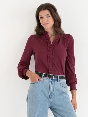 Ruffle Trim Button Up Blouse