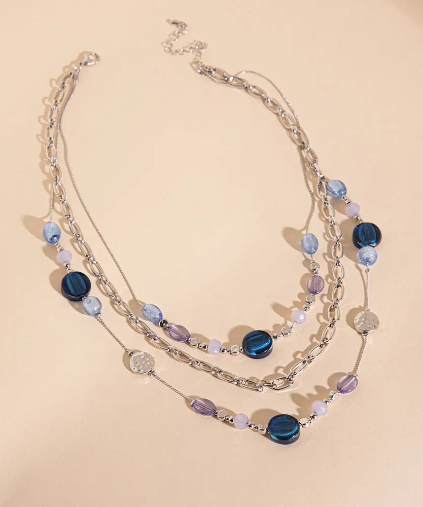 Short Blue Beaded Layered Necklace