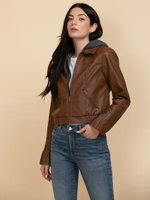 Faux Leather Jacket with Fleece Hood