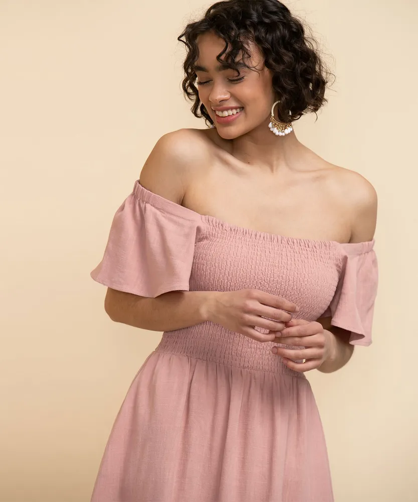 Square Neck Linen Smocked Bodice Dress