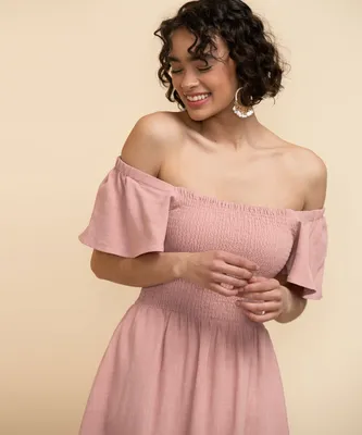 Square Neck Linen Smocked Bodice Dress