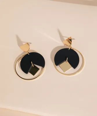 Geometric Gold Metal & Black Earrings