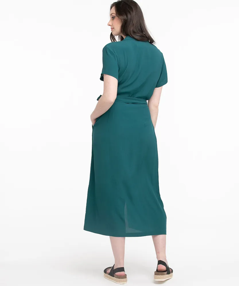 Notch Collar Button Front Midi Dress