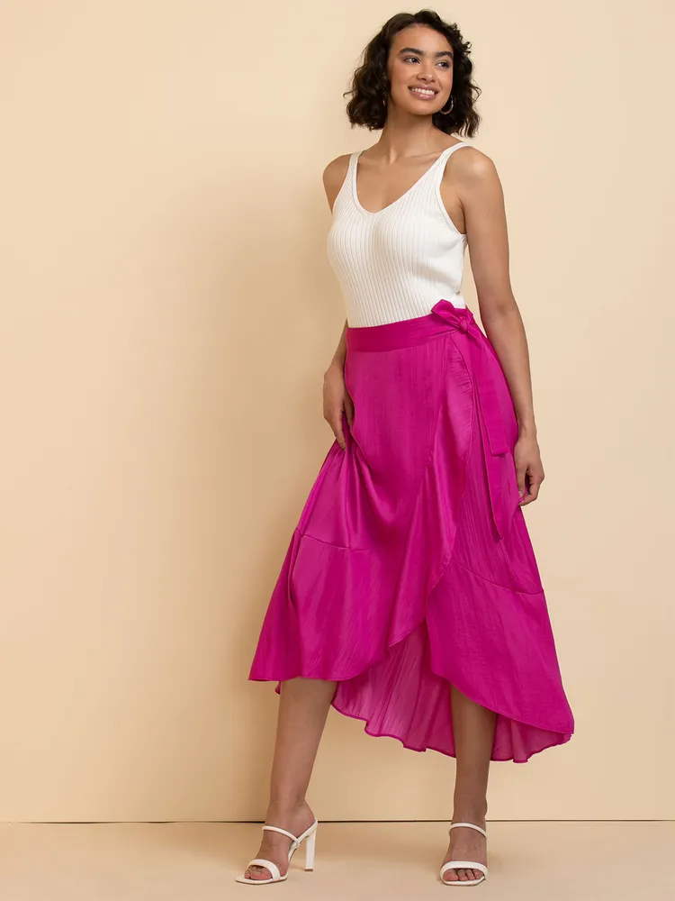 Satin Mid Ruffle Wrap Skirt