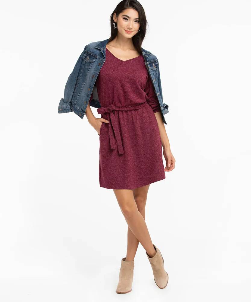 Tie Waist V-Neck Hacci Dress