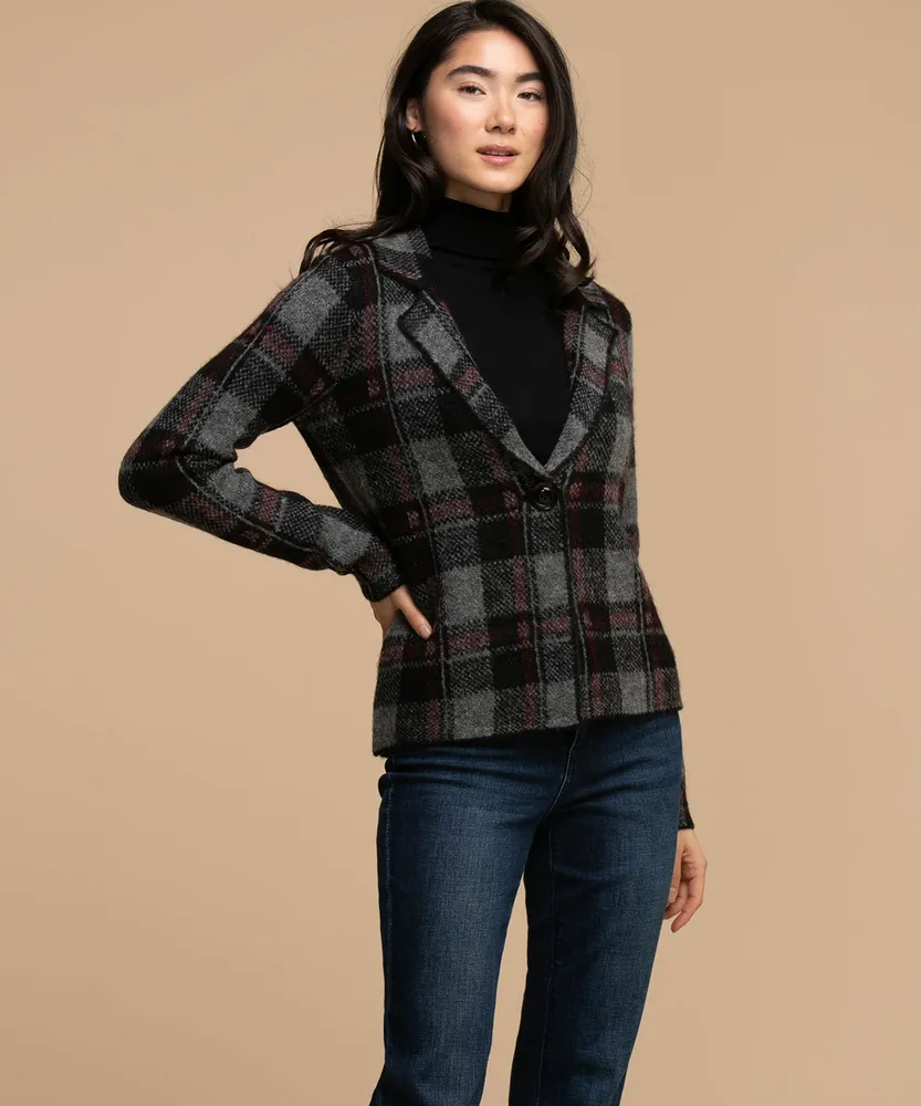 Eco-Friendly One-Button Plaid Cardigan