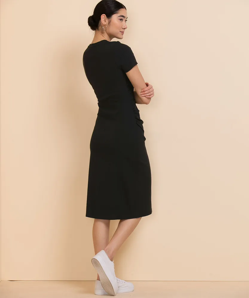 Short Sleeve Side Ruch Ribbed Midi Dress