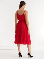 V-Neck Pleated Skirt Midi Dress