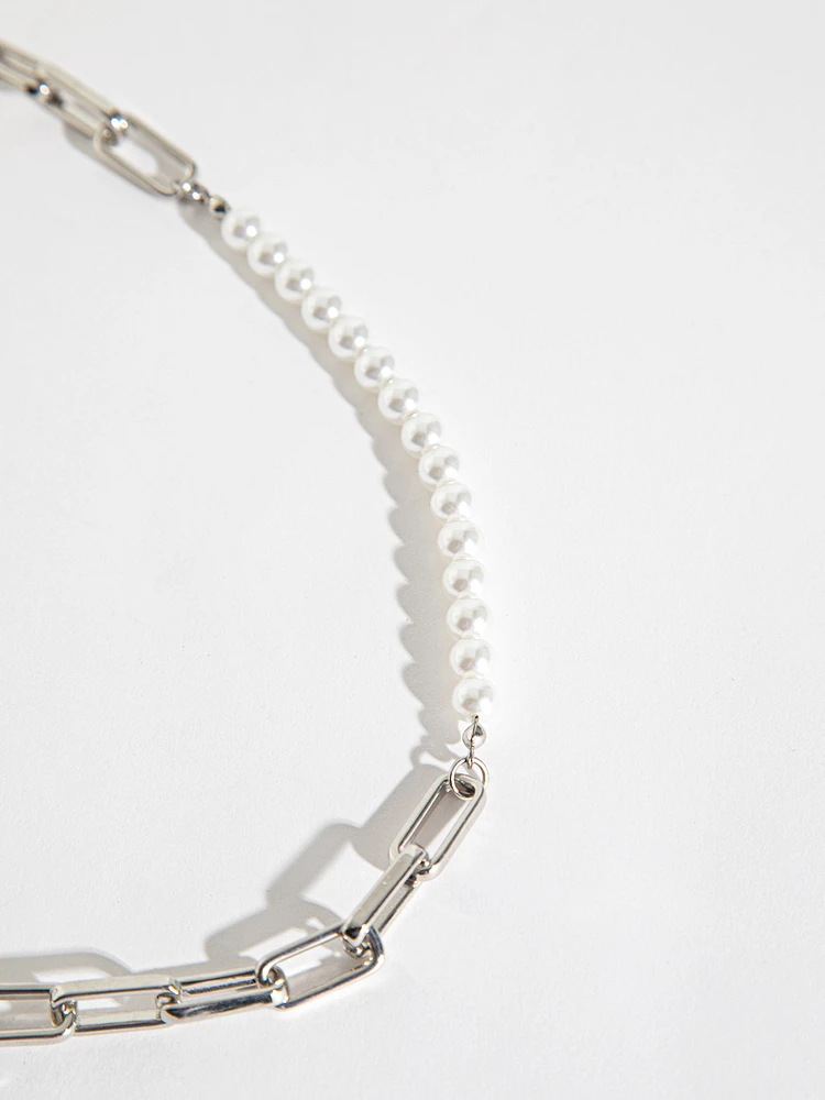 Silver Paperclip and White Pearl Necklace