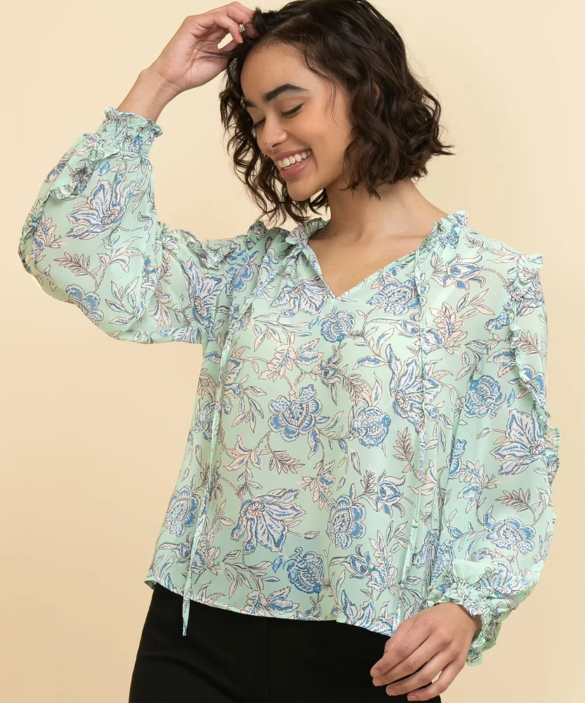 Ruffle Neck Blouse with Cascade Sleeves