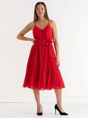 V-Neck Pleated Skirt Midi Dress