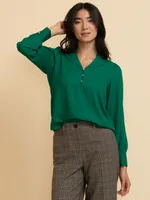 Long Sleeve V-Neck Blouse with Silver Buttons