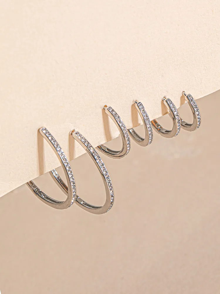 Trio Pack Silver Pavé Hoop Earrings