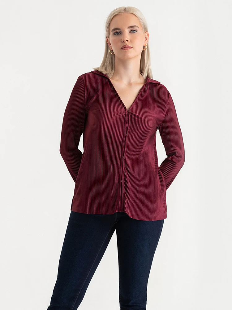 Plisse Button-Up Blouse