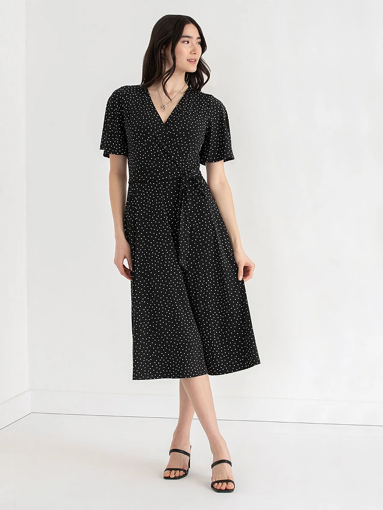 Short Sleeve Faux Wrap Midi Dress