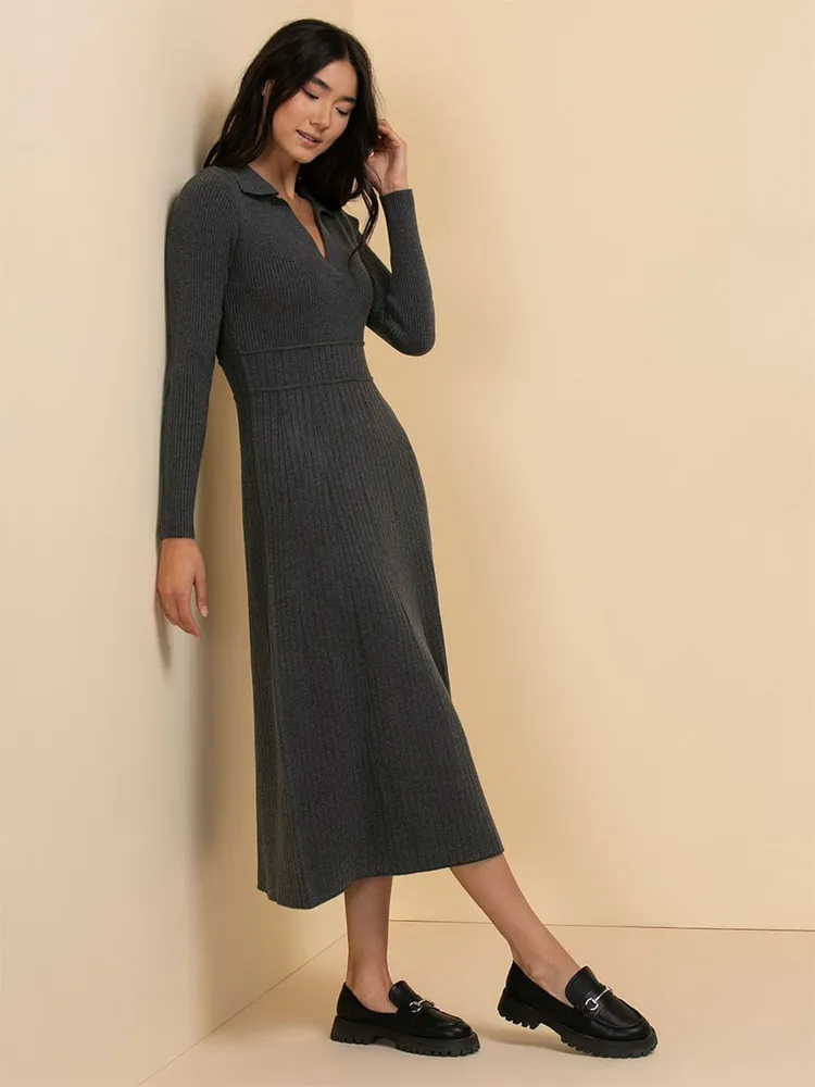 Polo Collar Ribbed Sweater Dress