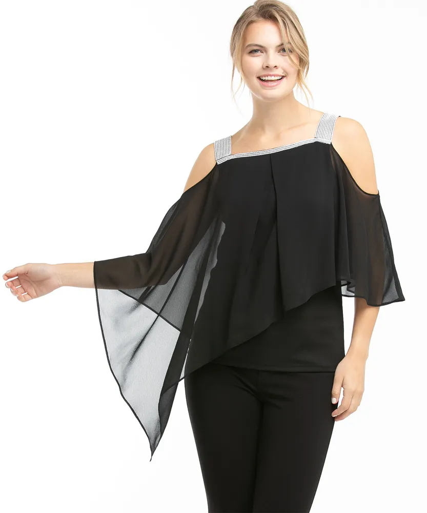 Rhinestone Trim Cape Overlay Top