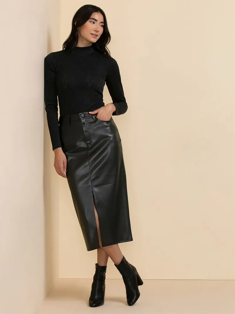 Faux Leather Midi Skirt - L / Black