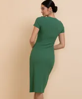 Short Sleeve Side Ruch Ribbed Midi Dress