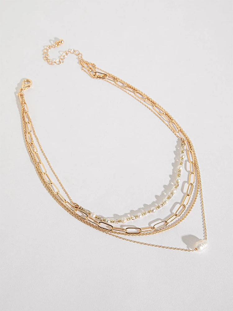 Four Layered Paperclip and Pearl Necklace