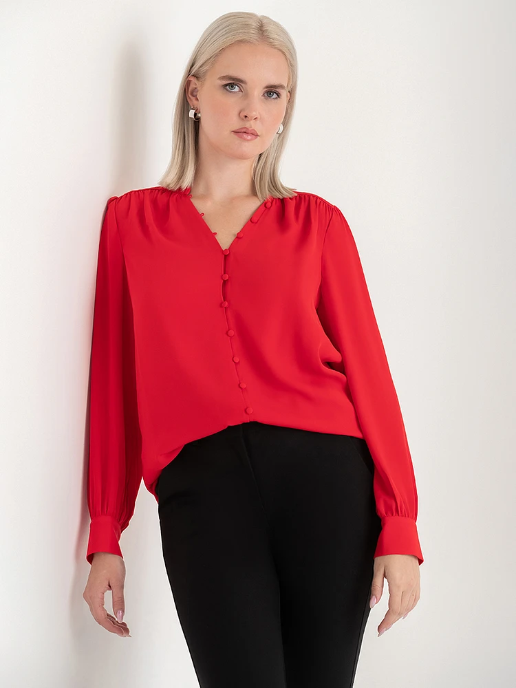 V-Neck Blouse with Covered Buttons