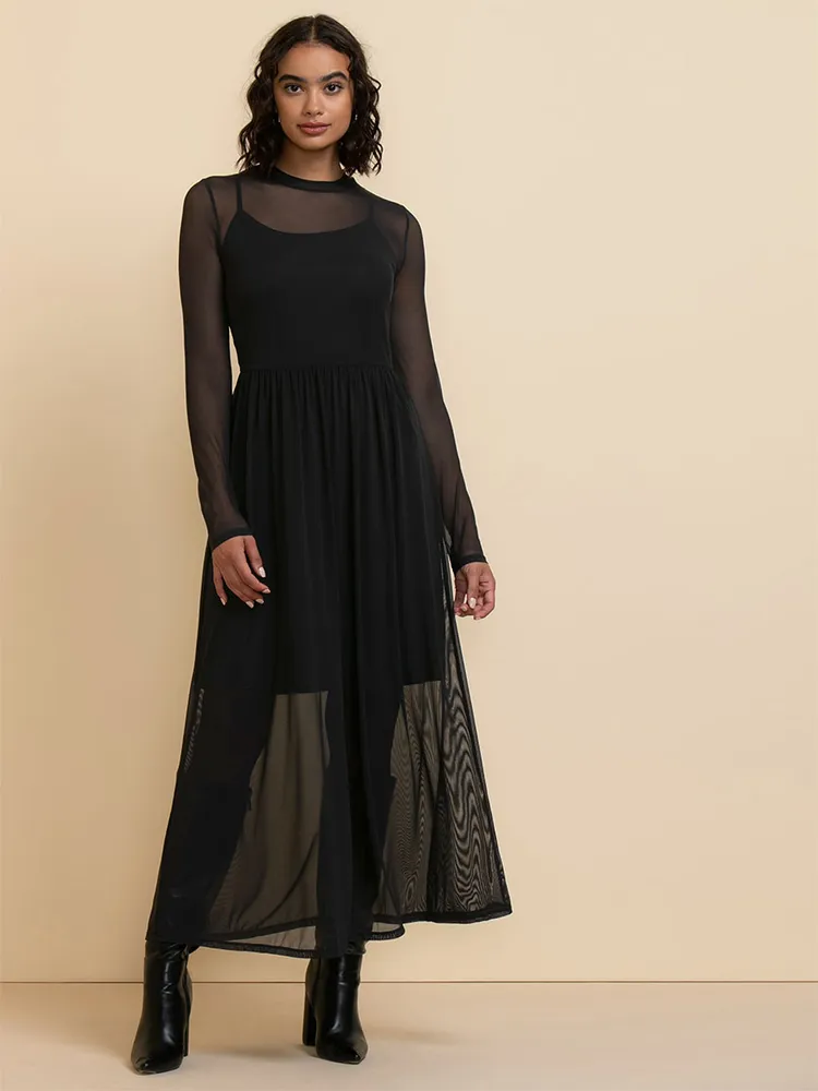 Long Sleeve Mesh Maxi Dress