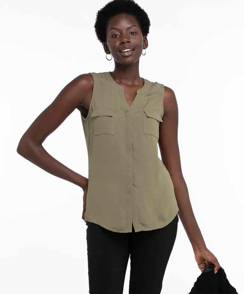 Sleeveless Placket Front Henley Blouse