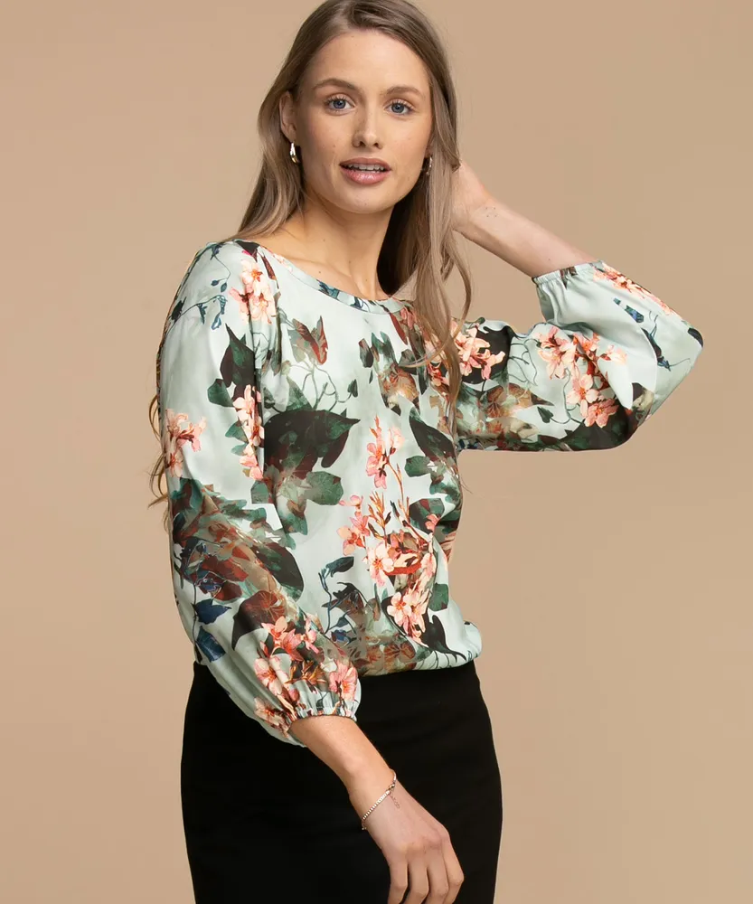 Long Puff Sleeve Scoop Neck Blouse